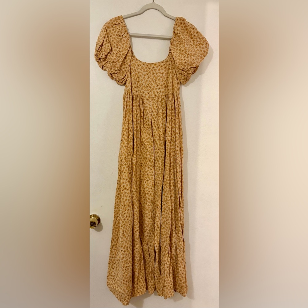 Rylee + Cru Mustard Floral Maxi Dress with Puff Sleeves
